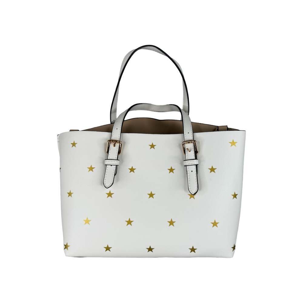 White Faux Leather Tote Bag with Gold Star Print
